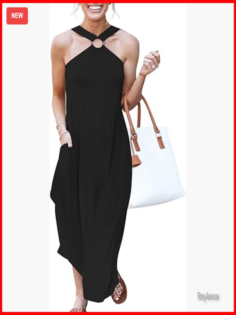 Summer Maxi Dress With Halter Neck, Side Slit, And Pockets